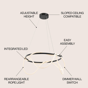 Lisette 25" Contemporary Minimalist 360 Adjustable Silicone Neon Rope Dimmable Integrated LED Chandelier - JONATHAN Y